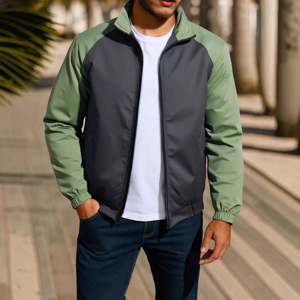 Men's loose fit casual jacket with stand collar and raglan sleeves in red, khaki, or green.