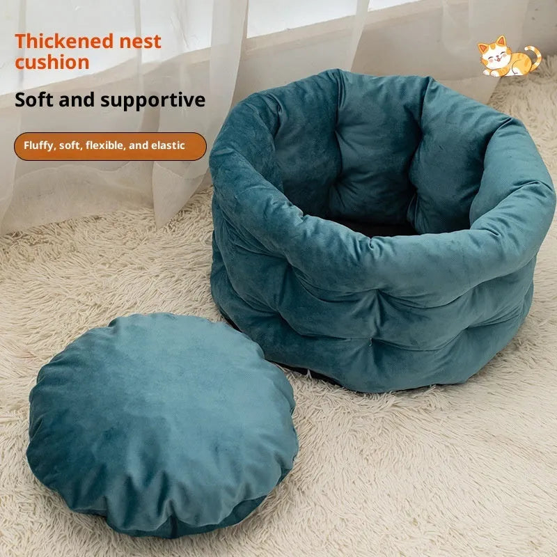 Winter warm cloth cat pet bed in medium 48x26cm or large 55x28cm, cage-friendly, emerald blue, khaki or beige