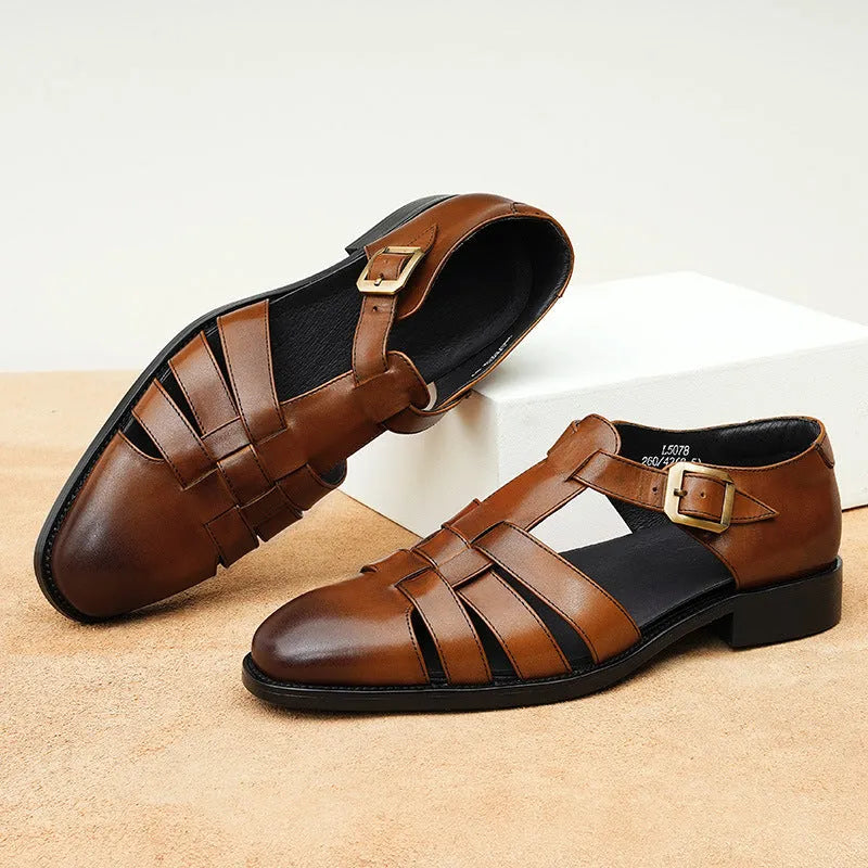 Men's genuine leather retro business sandals in brown with pigskin lining