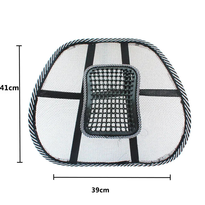 Black leather car lumbar support pillow measuring 41cm by 39cm