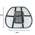 Black leather car lumbar support pillow measuring 41cm by 39cm