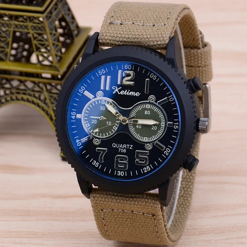 Men's fashion wristwatch with cloth band, quartz movement, 48mm zinc alloy dial, pointer display