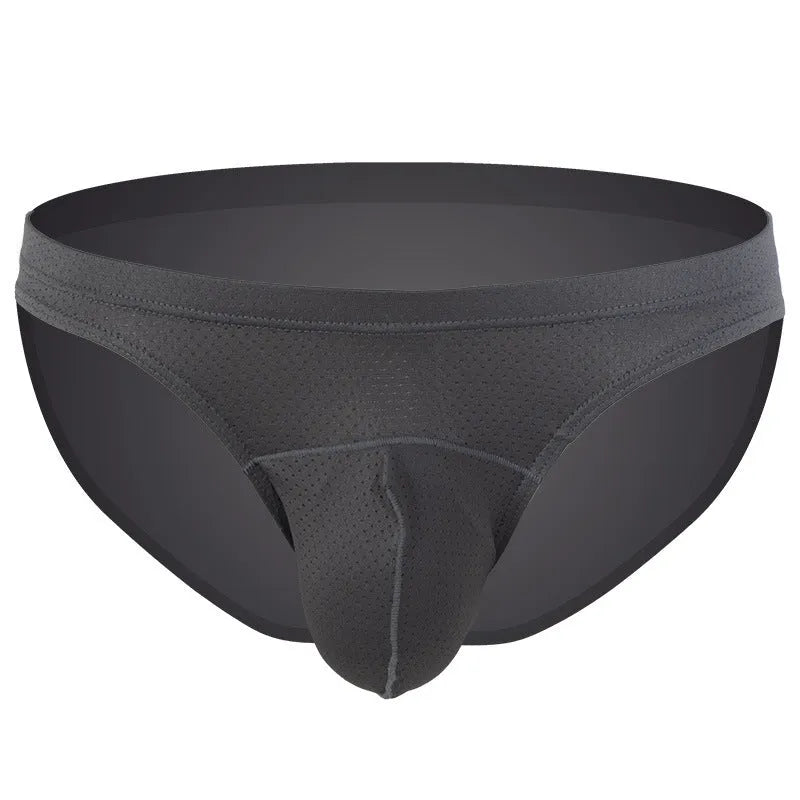 Men's loose-fit navy blue nylon underwear laid flat, showing elastic waistband and leg openings.