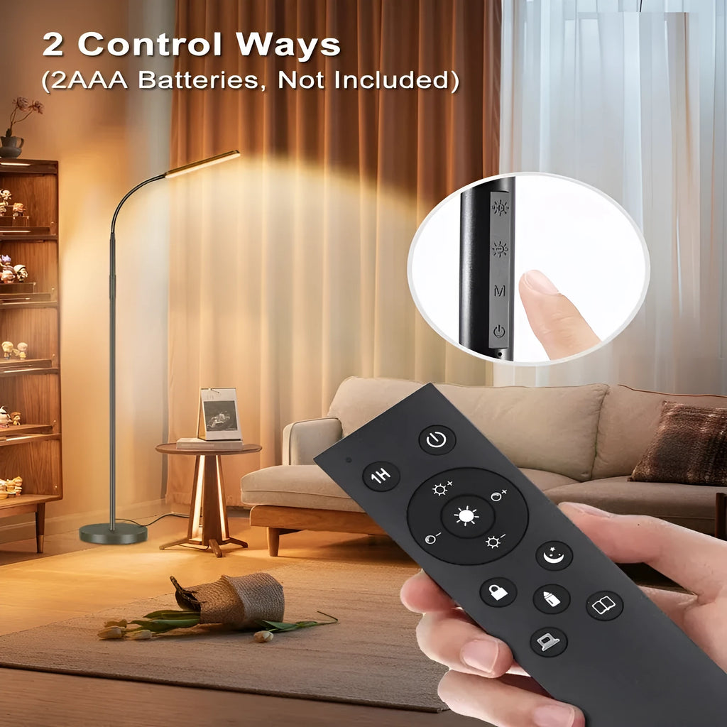 Black LED floor table lamp with plastic shade, three-colour dimming and infrared remote control, 24V