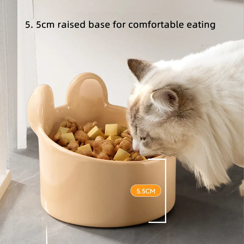 Ceramic pet bowls with neck protection design in white rabbit and brown bear patterns for dogs and cats
