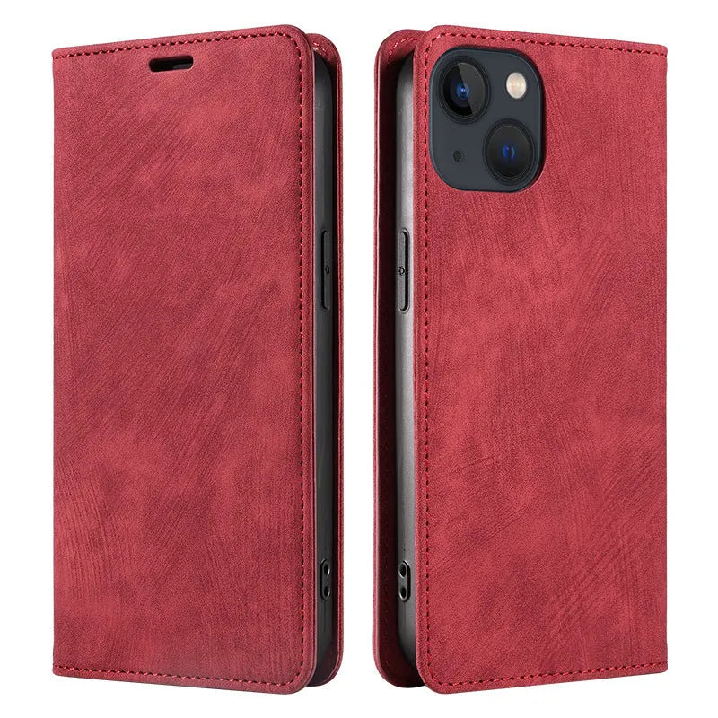Magnetic flip leather phone case for iPhone shown closed and open, revealing card slots and phone.