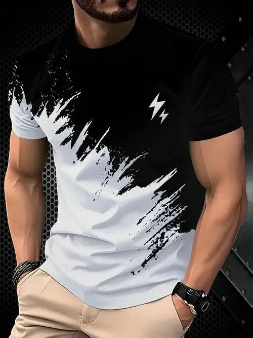 Man wearing a loose fit grey short sleeve polyester T-shirt on a casual summer day.