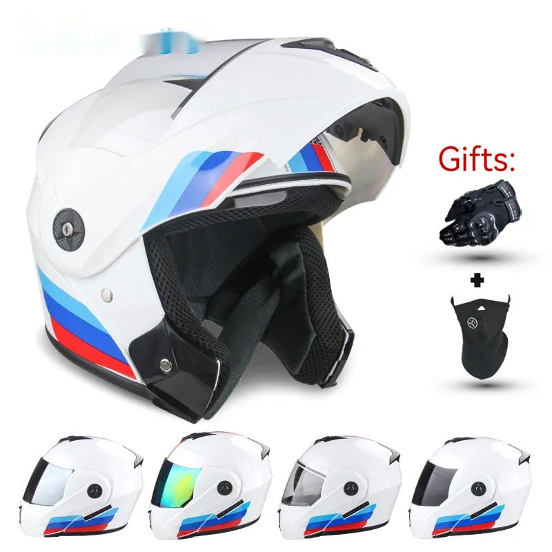 Electric motorcycle helmet with double lens design and exposed styling in various colour options