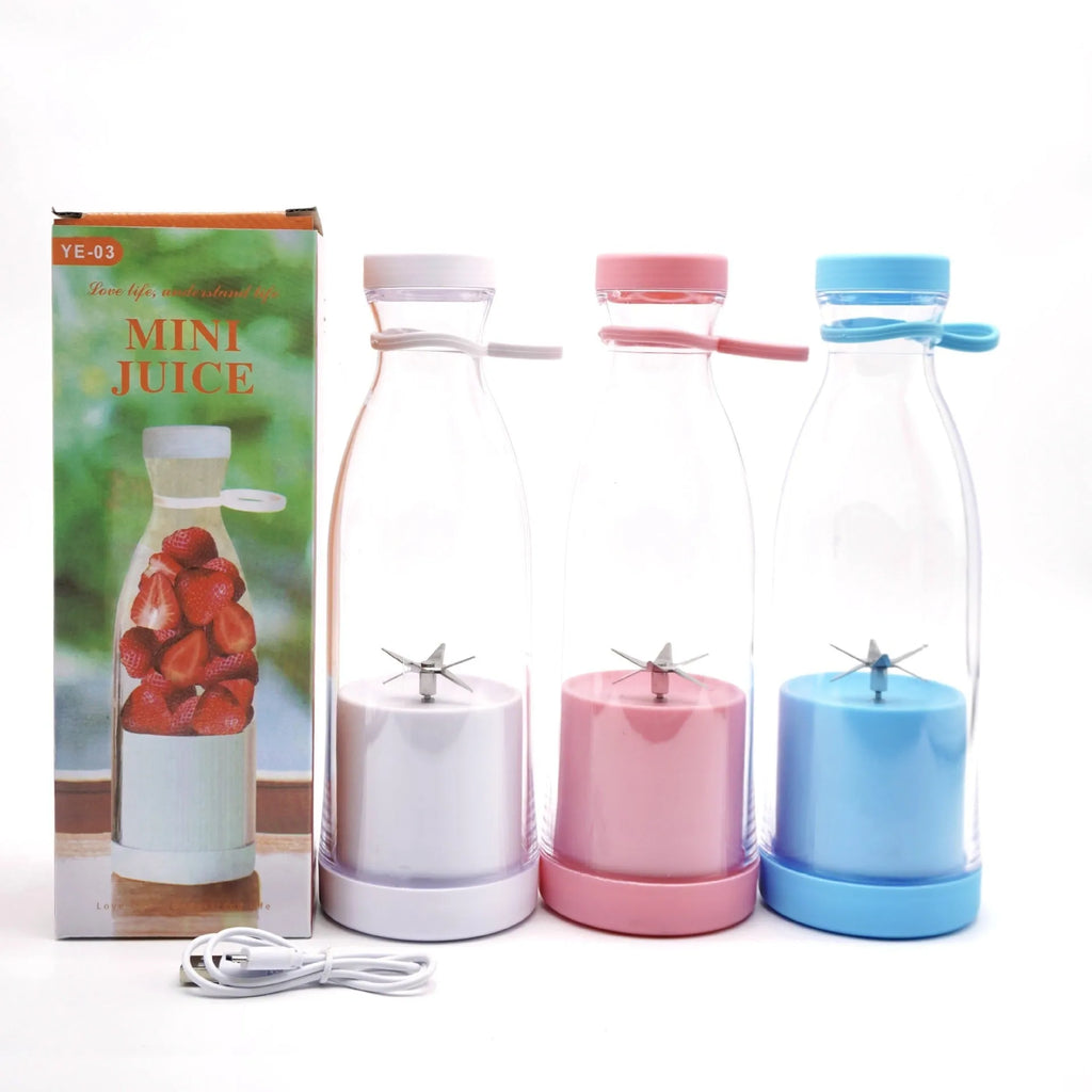 Electric USB wine bottle juicer cup with 6-leaf cutter head, PC food grade plastic liner, 400ml capacity, shown in white
