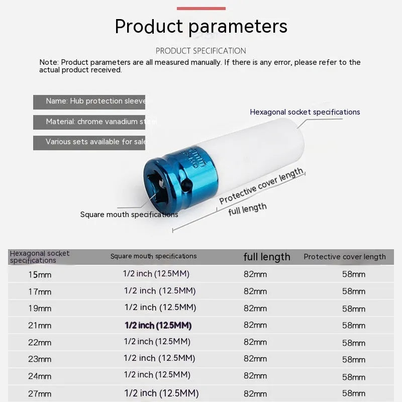 Single steel pneumatic impact wrench hexagon socket in 17mm, 19mm, 21mm or 22mm size.