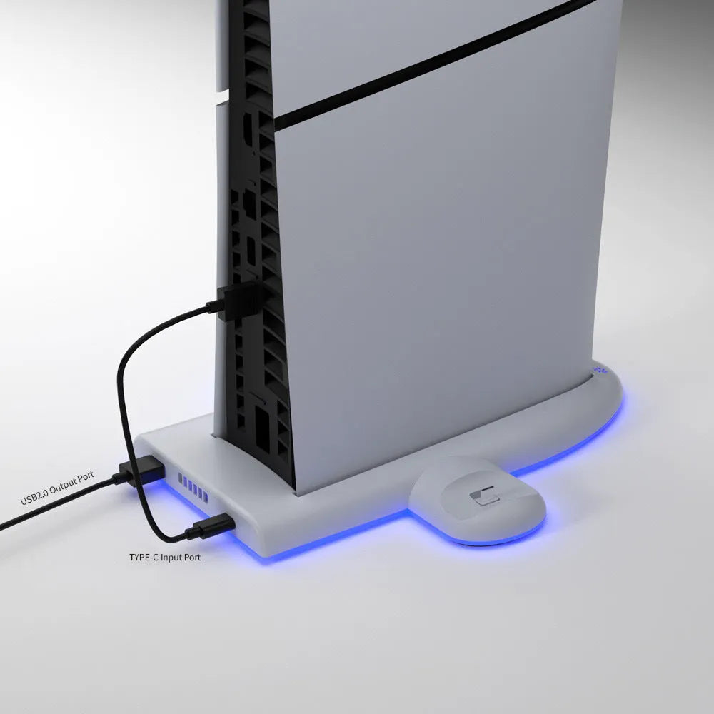 White PS5 Slim charging base with RGB ambient lighting and fixed controller charger