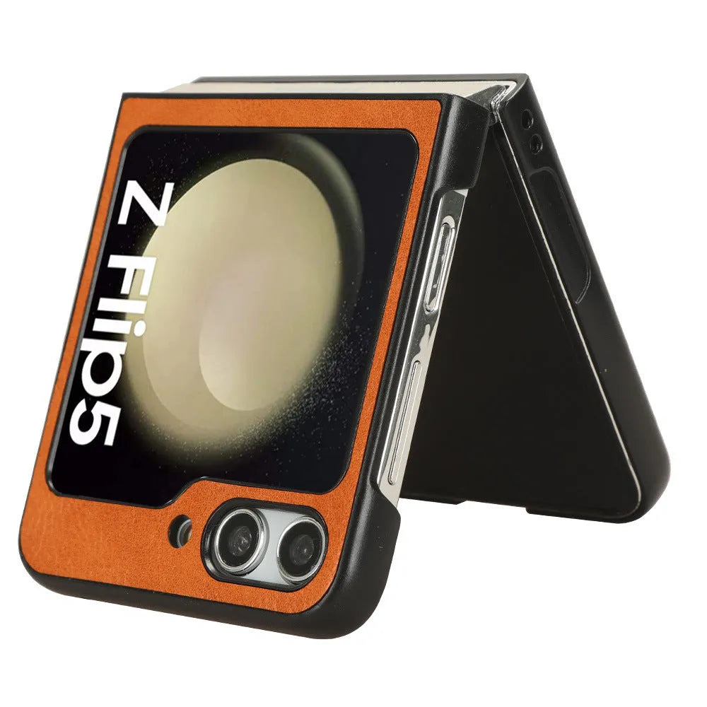 Leather grain foldable screen phone case for Samsung Z Flip 5 in black with stitched PU PC construction