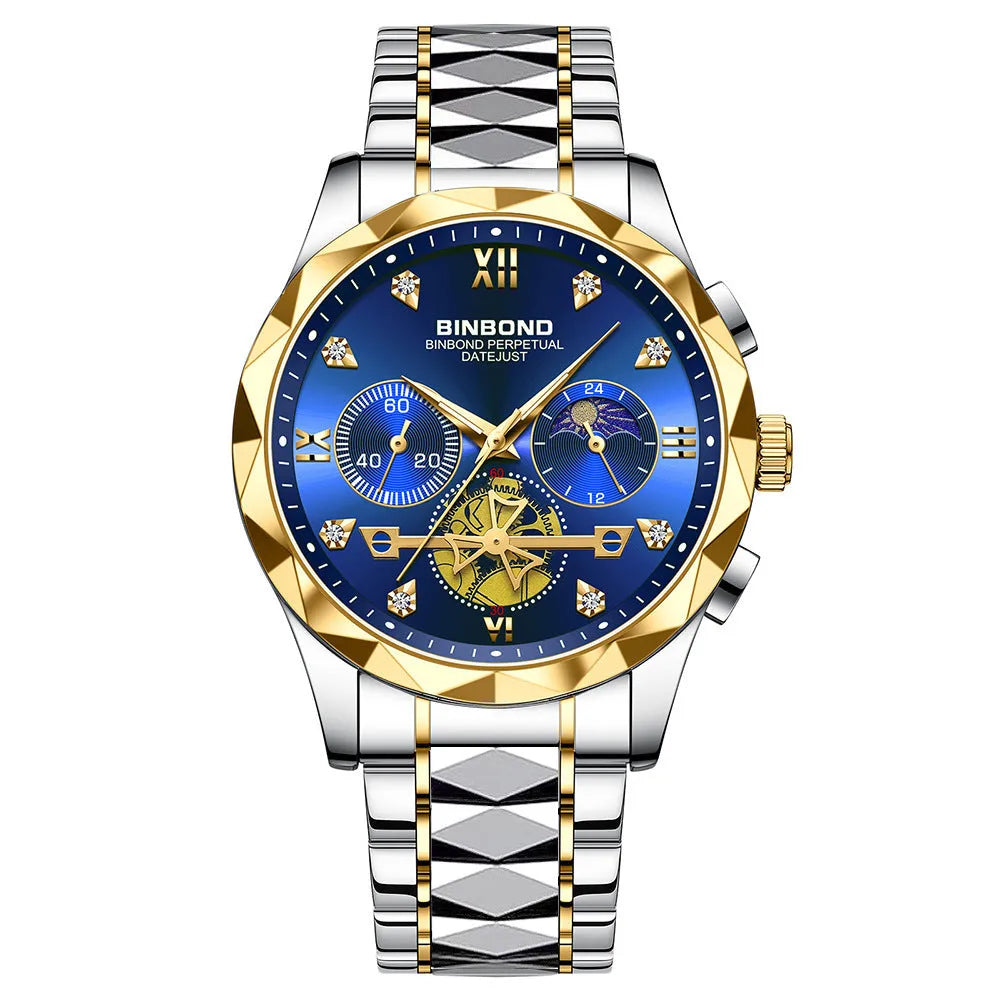 Men's casual quartz watch with round stainless steel case and strap, white dial, black bezel, 11mm thick