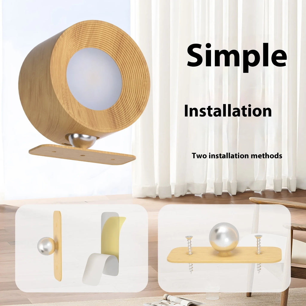 Circular wood grain wiring-free magnetic suction night light with remote control and base