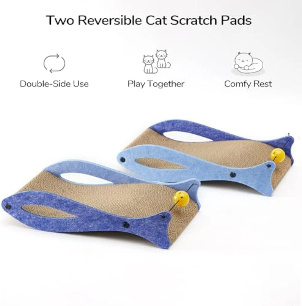 Blue fish-shaped cardboard cat scratcher with bell balls on an elastic cord