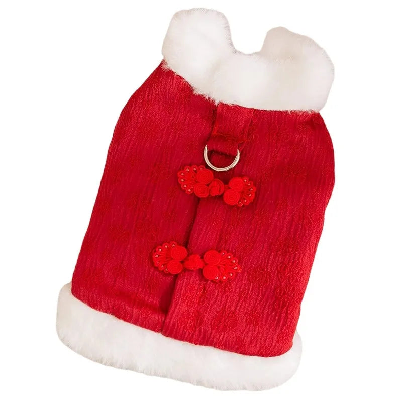 Red Chinese-style cotton dog coat for small dogs, thick material, plush lining, sizes XS-XXL