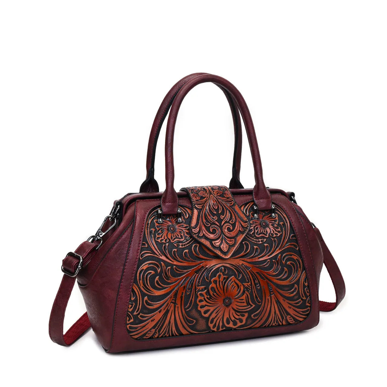 Handmade carved one-shoulder women's PU leather bag in beige with retro embossed pattern and pillow shape