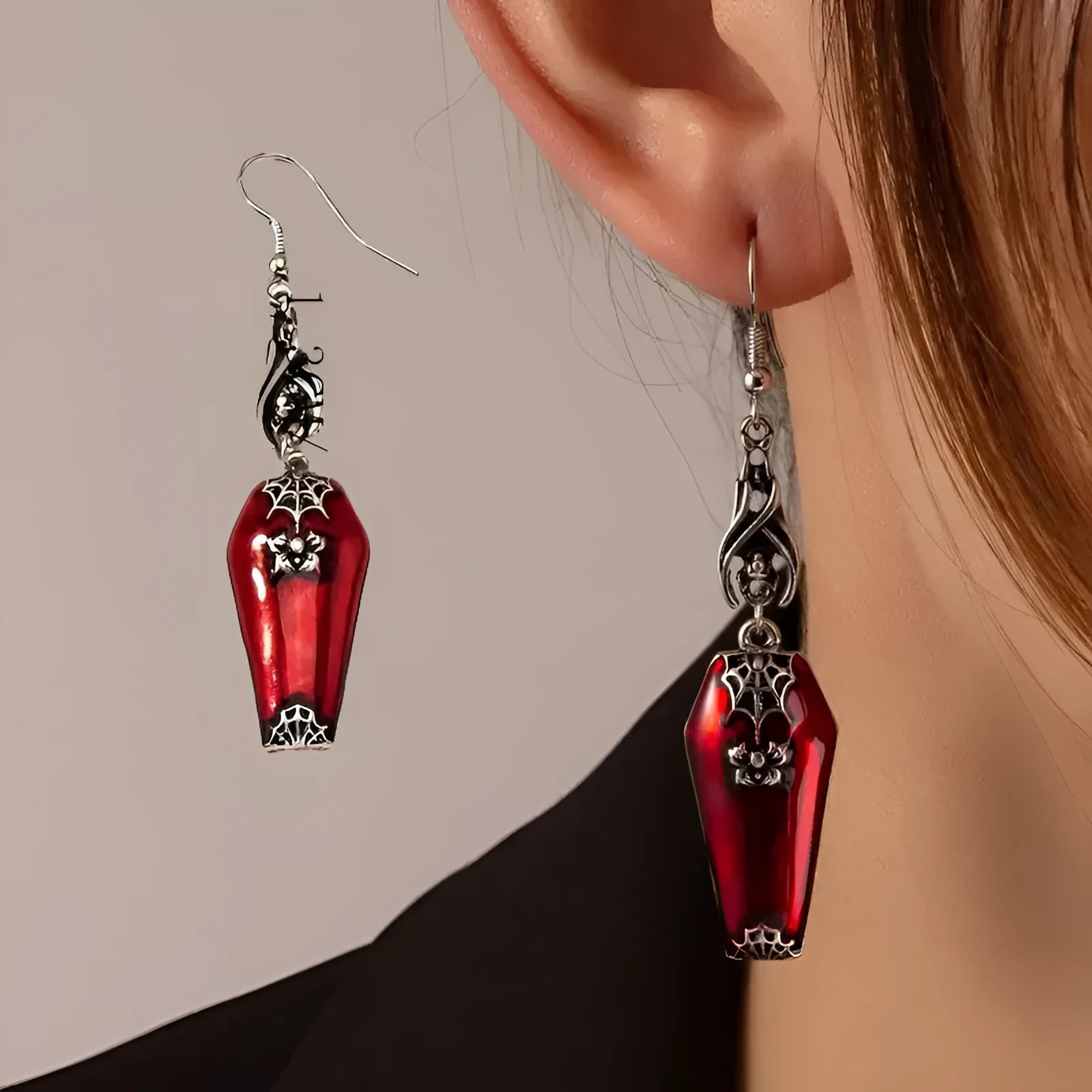 Red bat and spider retro drop earrings on alloy metal for Halloween