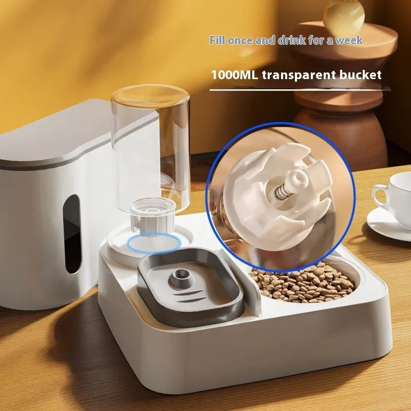 Automatic cat feeder with integrated water dispenser showing dual bowl design for food and water