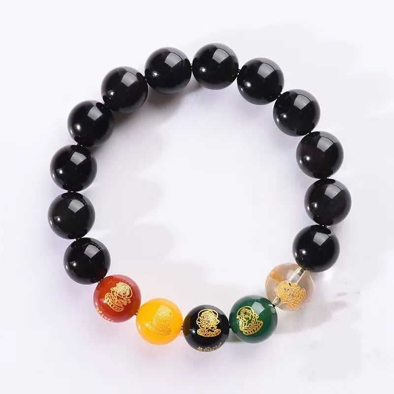 Single circle Five Gods Of Wealth men's obsidian bracelet in New Chinese style with animal zodiac modelling