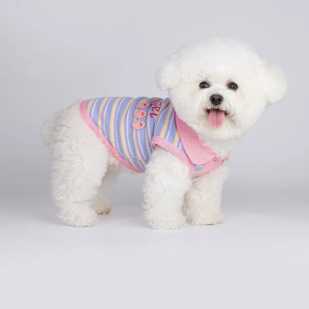Pink purple dog vest for small breeds with buckle fastening, shown in size range from XXS to XXL.
