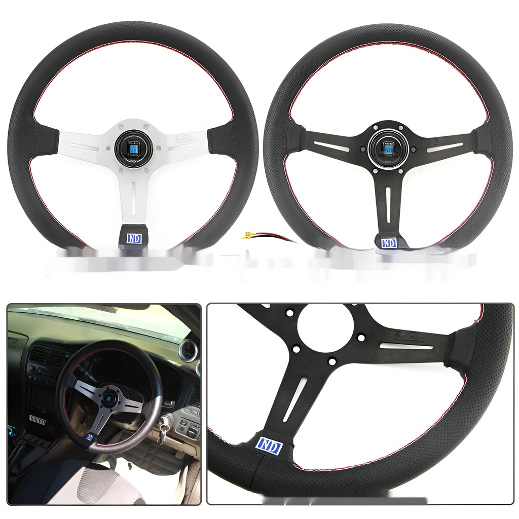 Leather-wrapped 14-inch steering wheel with concave centre and silver metal skeleton frame