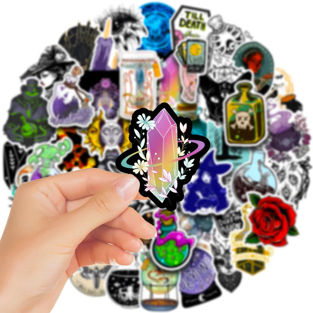 Assortment of 50 colourful waterproof PVC stickers for laptops and skateboards on a white background.
