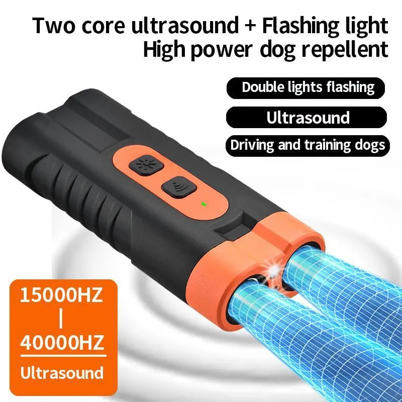 Dog Drives ultrasonic two-head dog repellent device in black plastic casing with compact dimensions