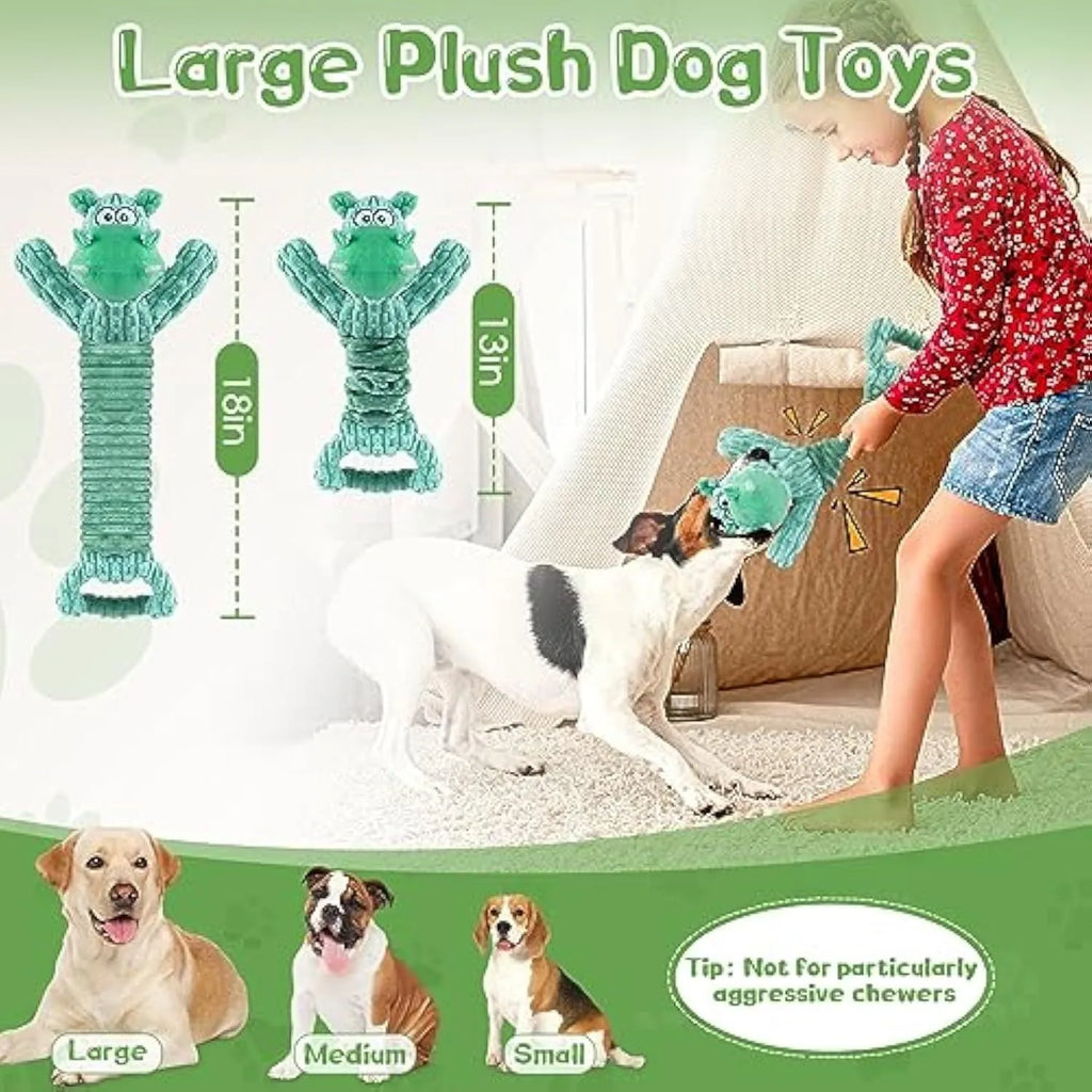 Large stretchy plush dog toy in Hippo or Monkey design with a squeaker and crinkle paper for tug of war.