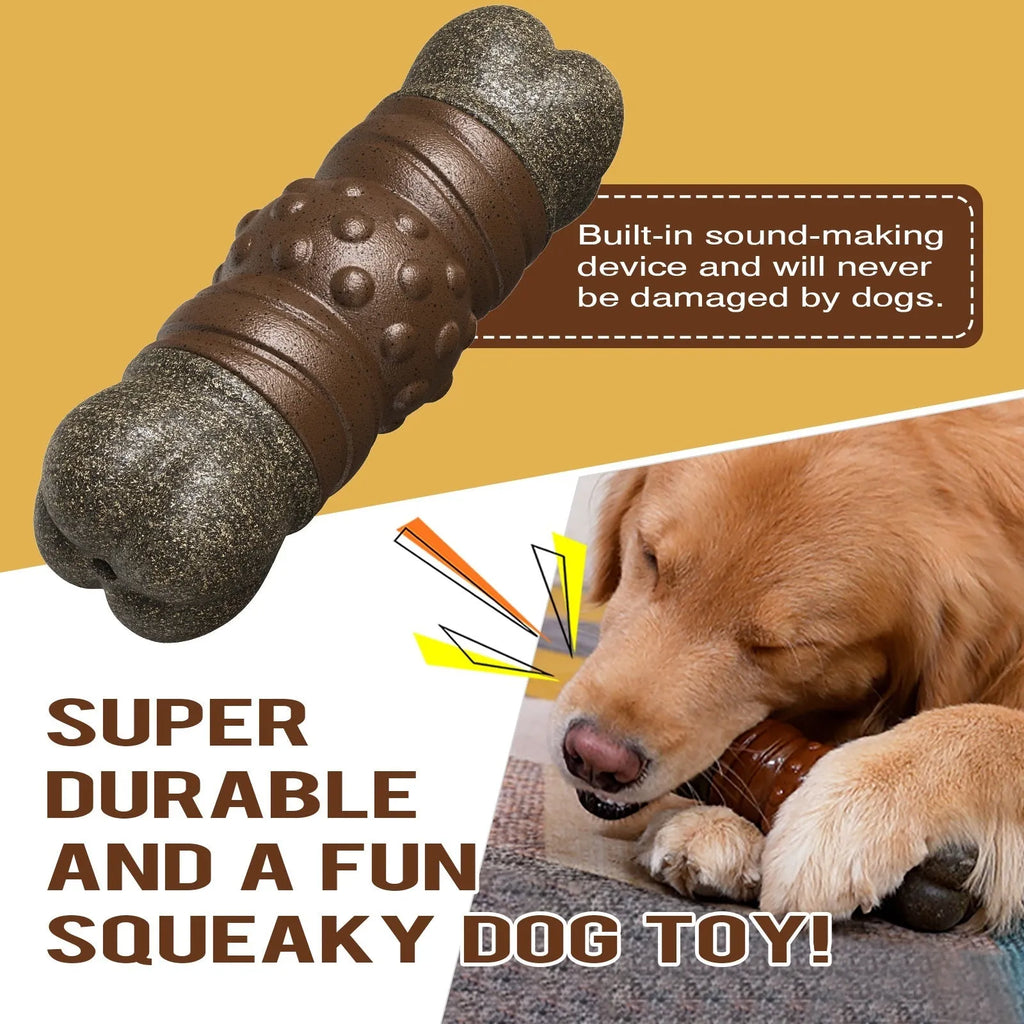 Wood colour plastic dog toothbrush chew toy with bone and molar rod design.