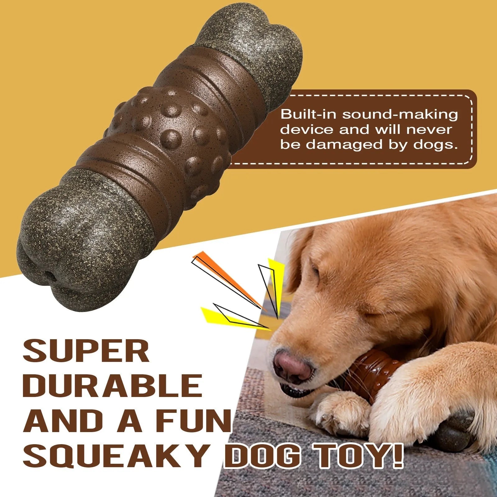 Wood colour plastic dog toothbrush chew toy with bone and molar rod design.