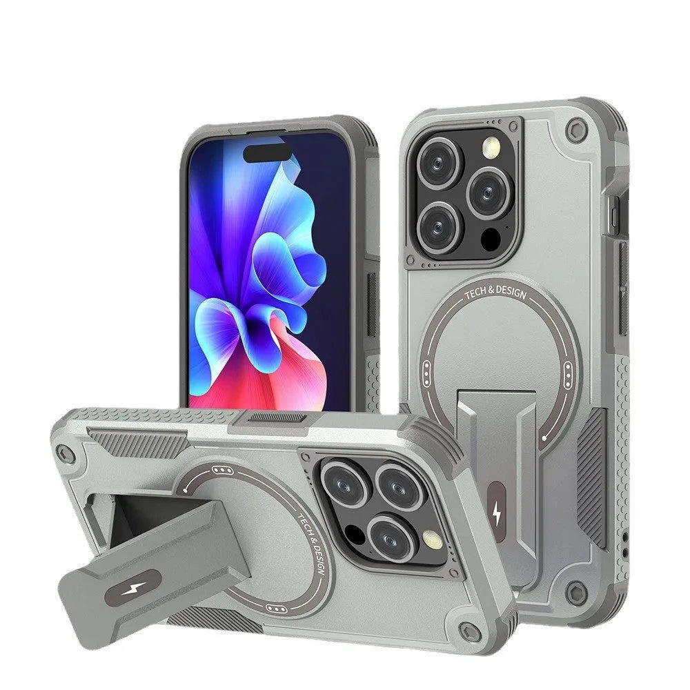 Magnetic invisible bracket phone case for iPhone showing frosted hard bottom and soft edge in Titan Gray