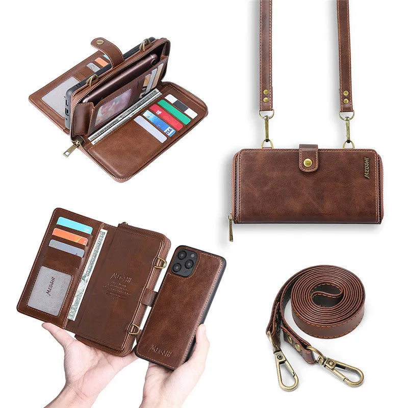 Detachable wallet backpack phone case with leather flip cover in black, blue, brown, or red.