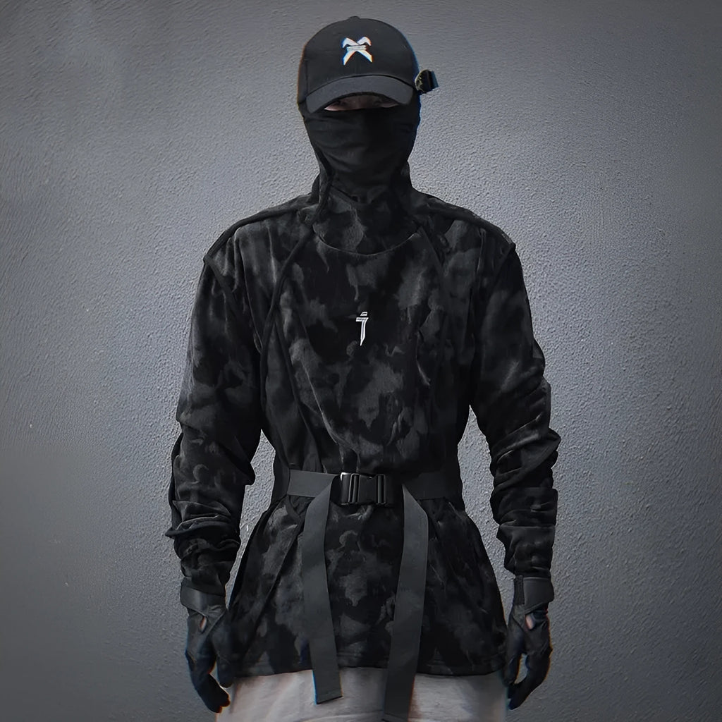 Men's black tie dye pullover sweater with full printed pattern and drop shoulder sleeves