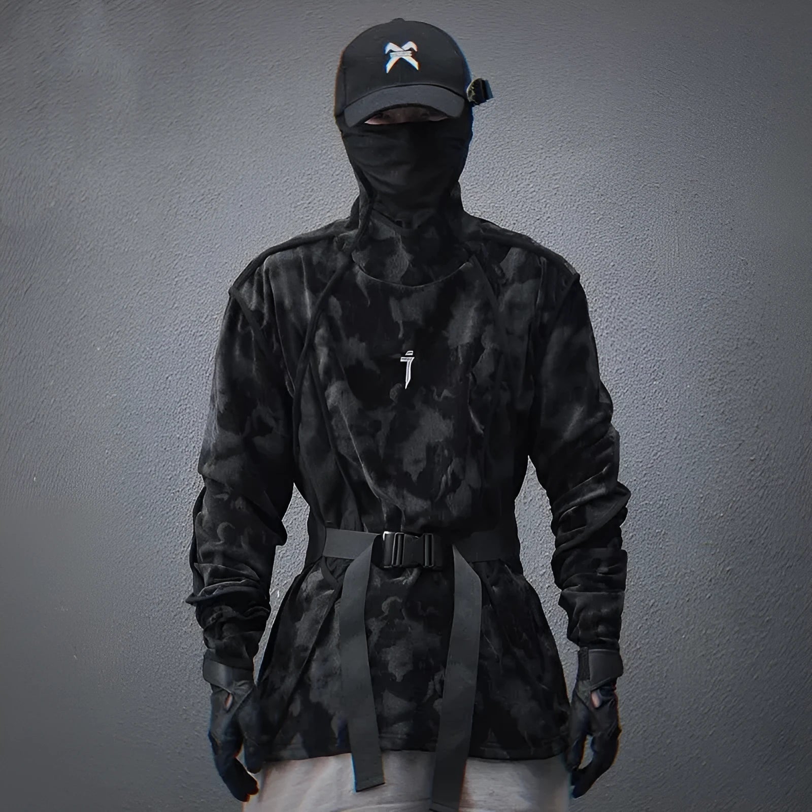 Men's black tie dye pullover sweater with full printed pattern and drop shoulder sleeves