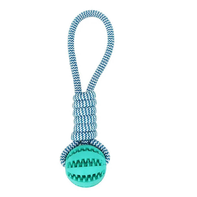 Interactive dog treat ball with hemp rope in blue for small dogs chewing and playing tug of war