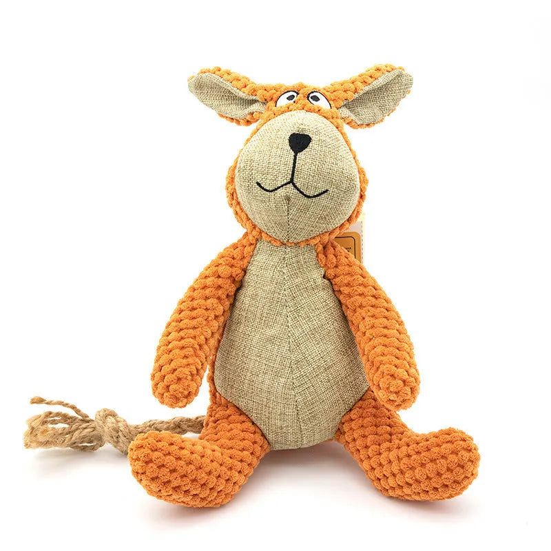 Squeaky dog plush chew toy in animal shape for dental cleaning and play