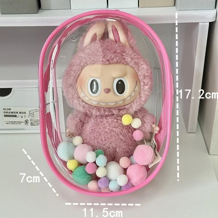 Transparent PVC cube storage bag with keychain for doll clothes and small items.