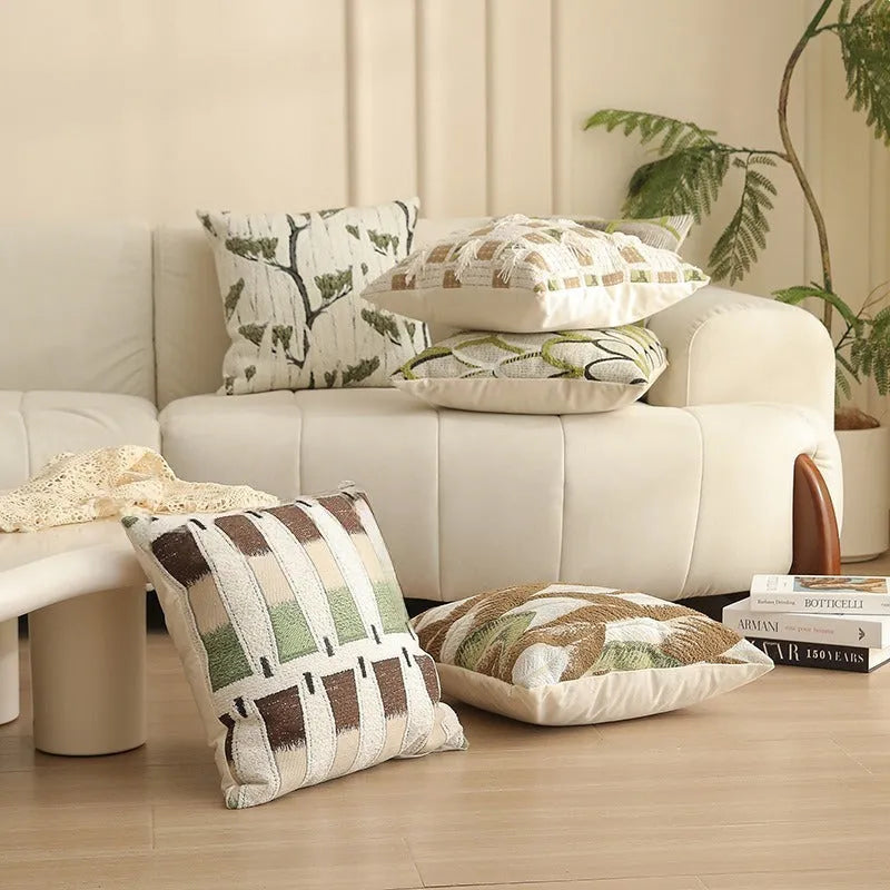 45cm square jacquard cushion cover with a retro plants and flowers pattern in various colours.