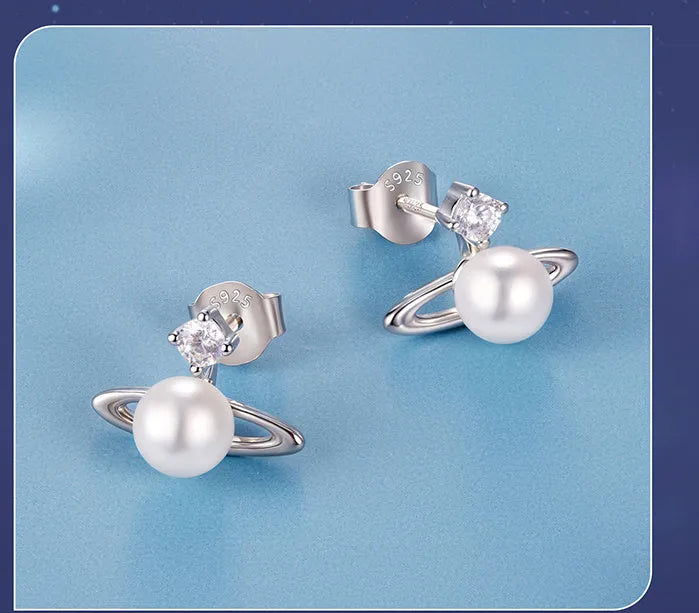 Chuangxing 925 silver star-shaped planet ear studs with ball shell pearl, colour BSE1207, one pair