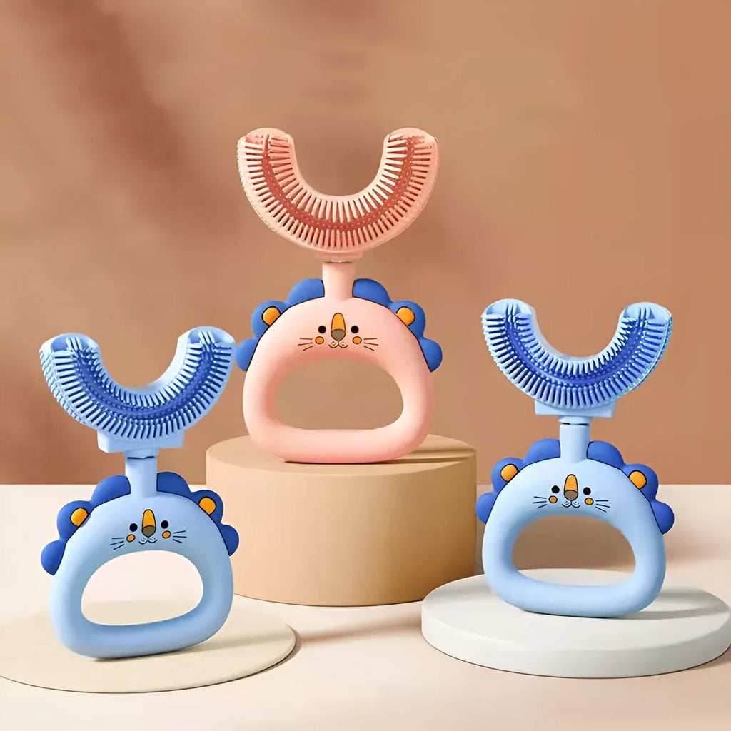 Children's U-shaped silicone toothbrush in blue for ages 2-6 years with soft silicone head and PP handle