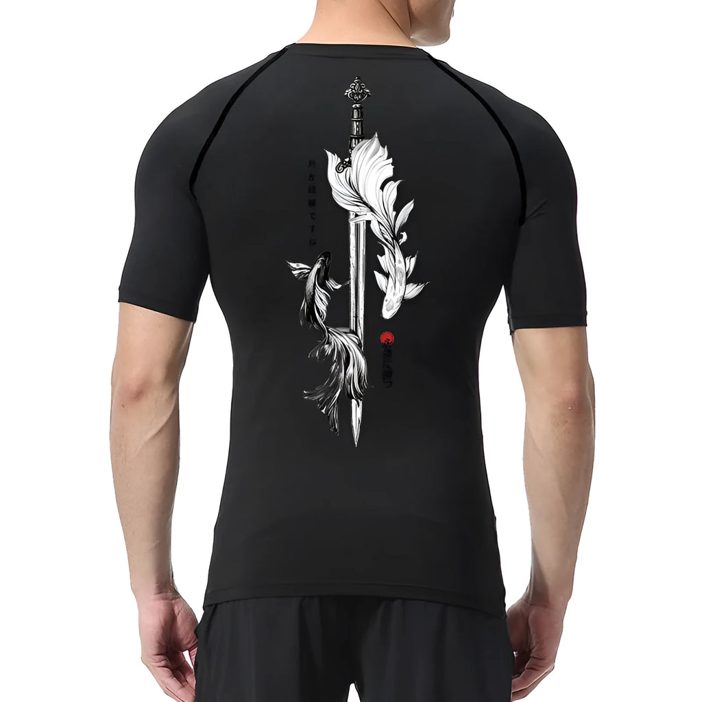 Men's short sleeve shirt with sword pattern print in lightweight polyester blend fabric