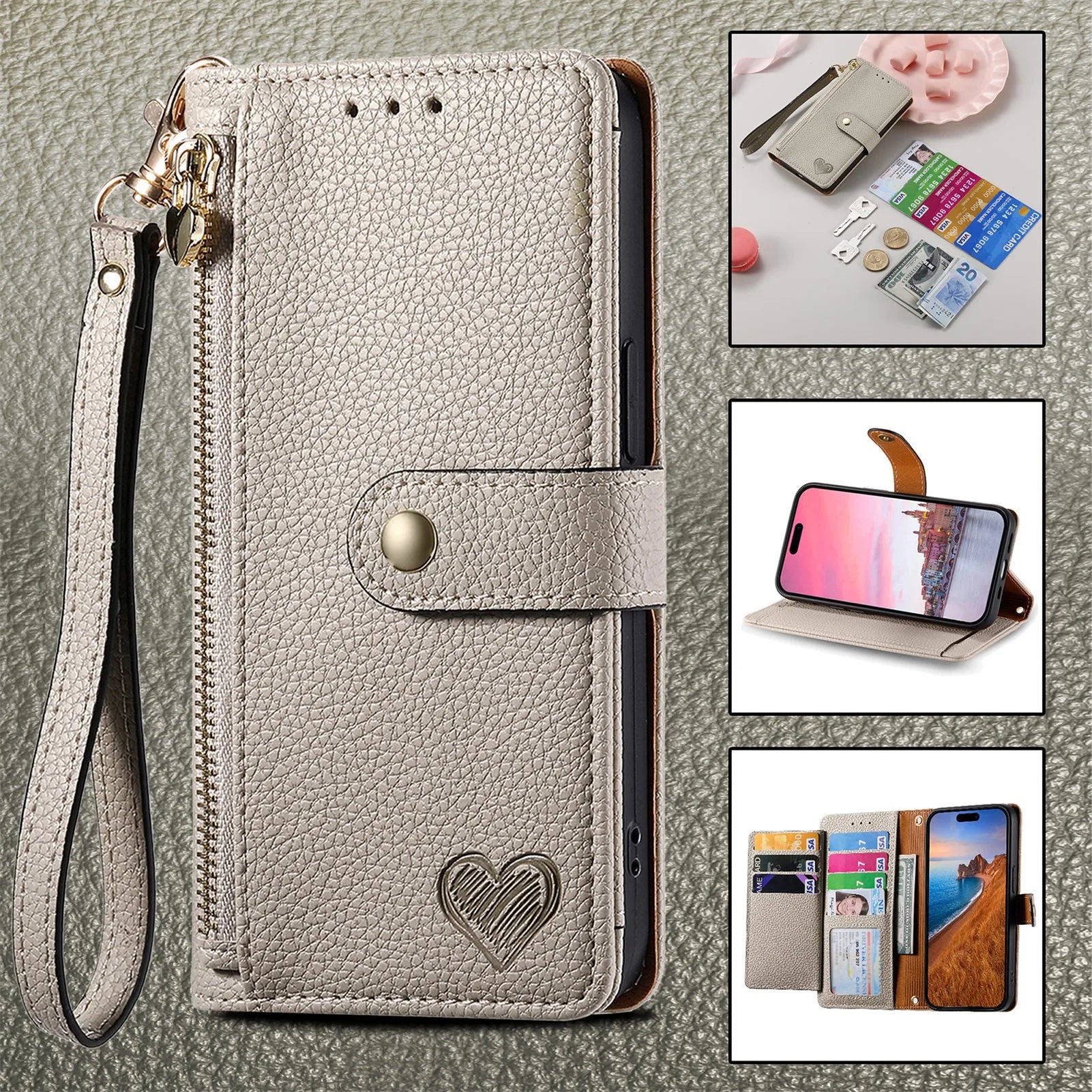 PU leather litchi pattern RFID swiping lanyard phone case for Apple iPhone with built-in bracket in pink