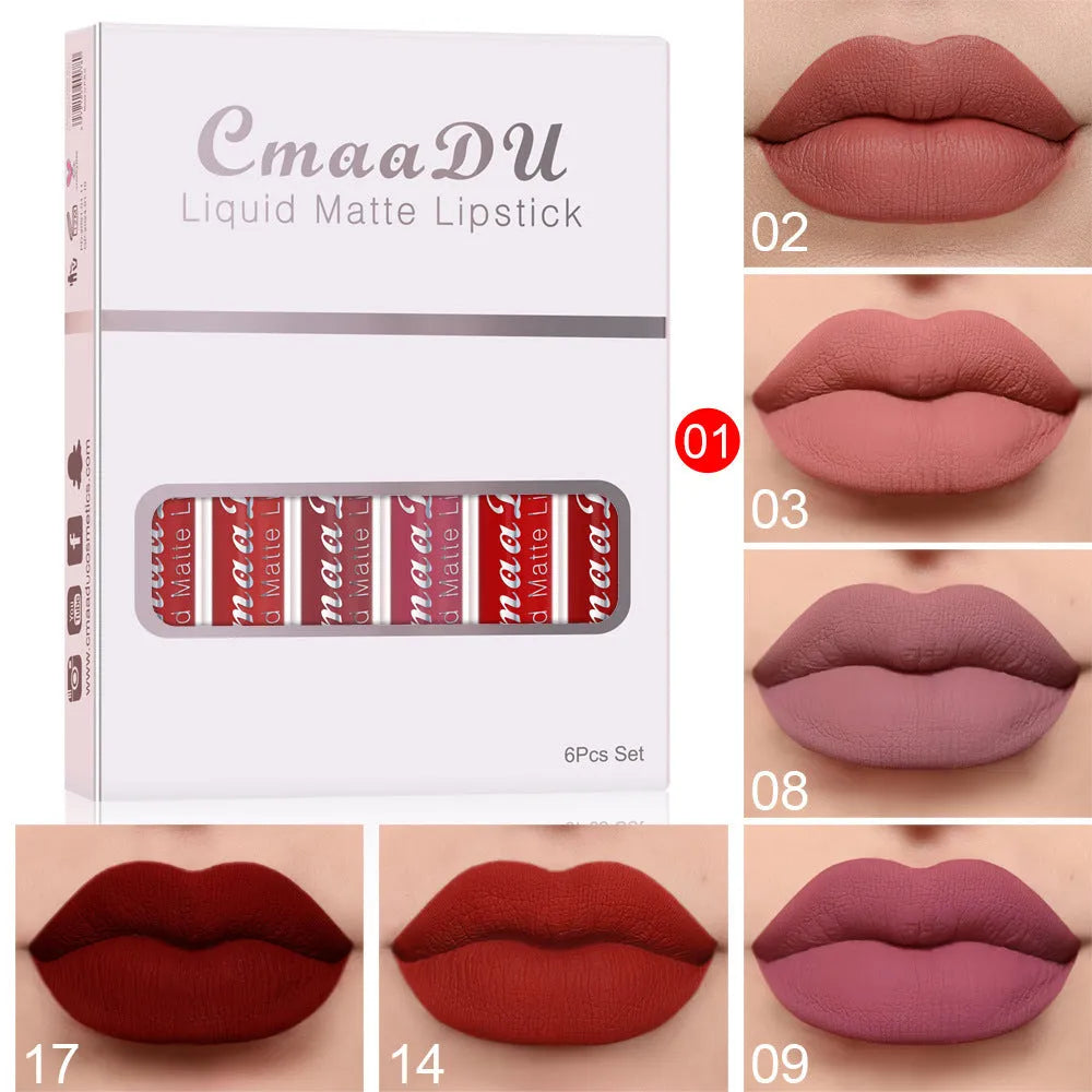Set of six boxes of matte non-stick cup waterproof lip gloss in styles A through F.