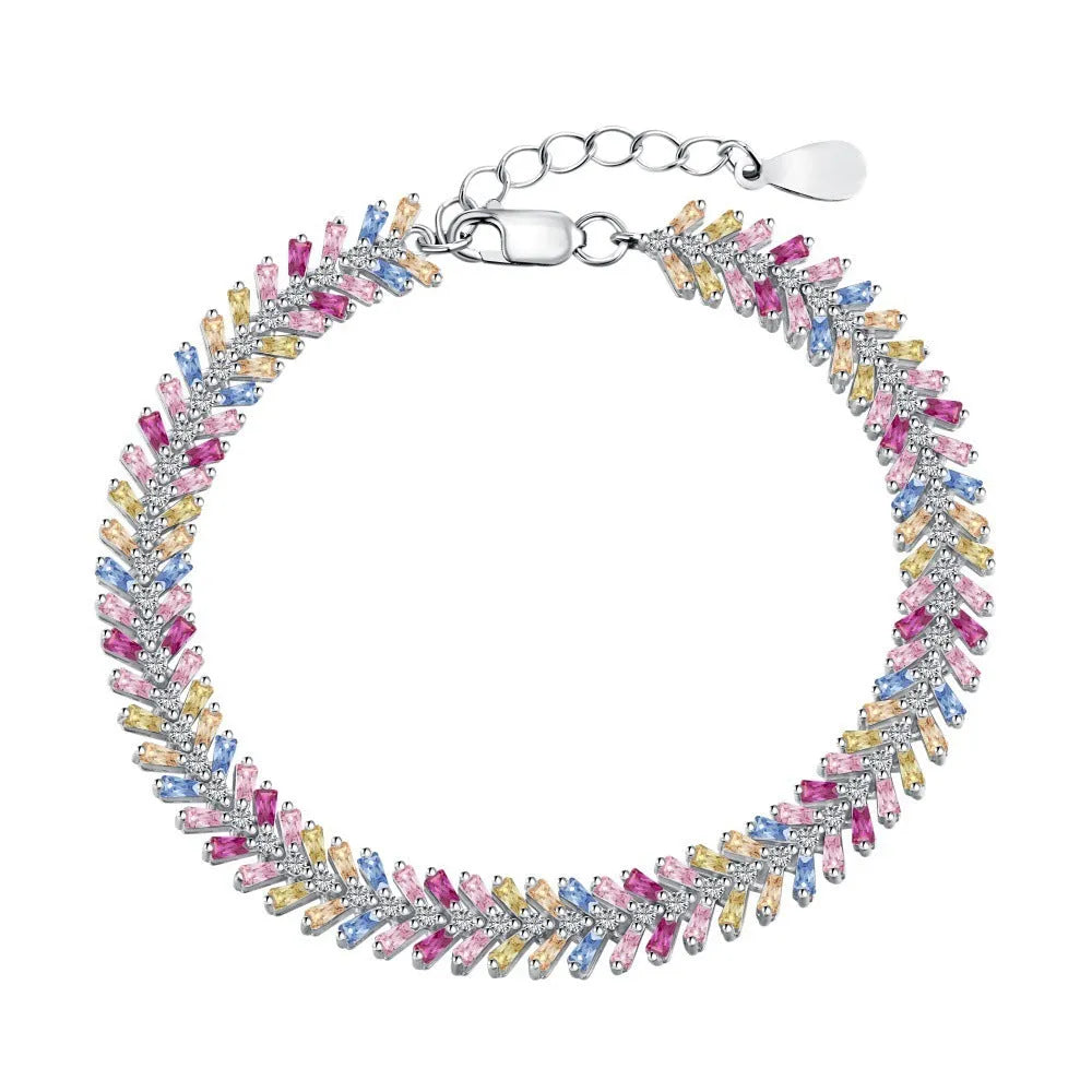 S925 sterling silver women's bracelet with geometric round and ring elements, platinum finish, 16-18cm length options