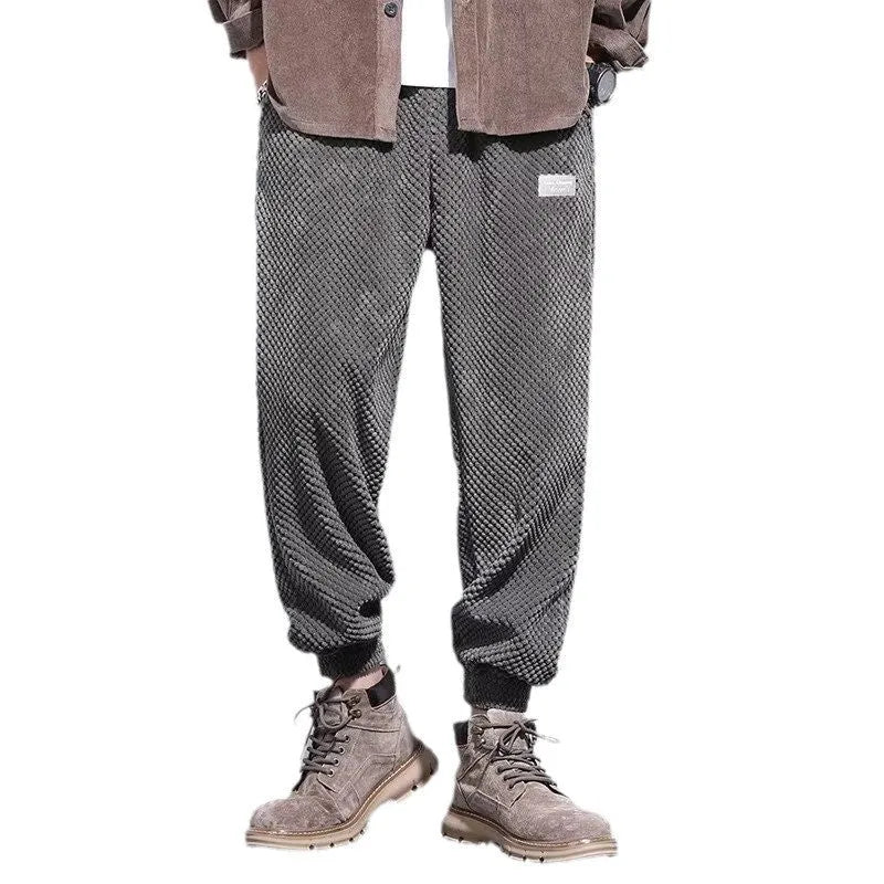 Men's grey ankle-tied straight-leg sweatpants made from non-iron polyester blend