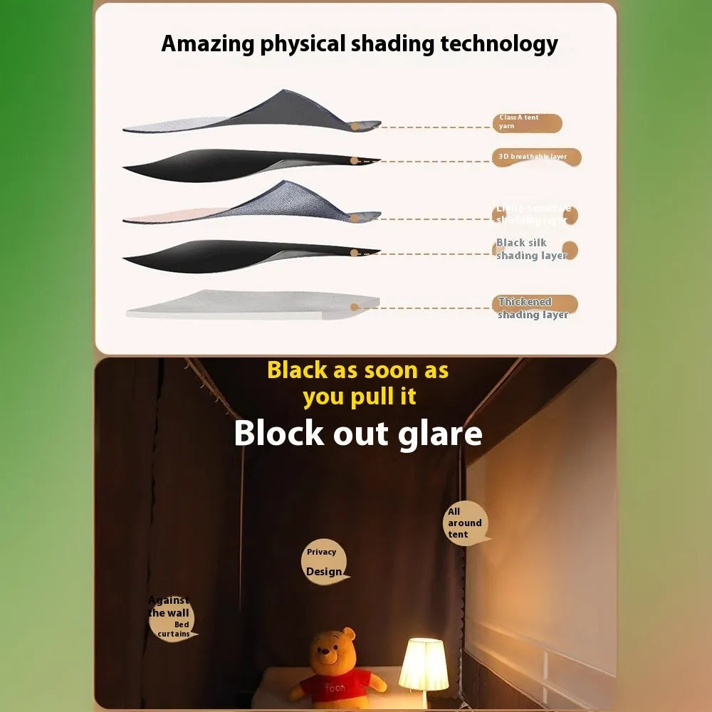 Grey polyester bed curtain with integrated mosquito net for 0.9m beds with light blocking sides