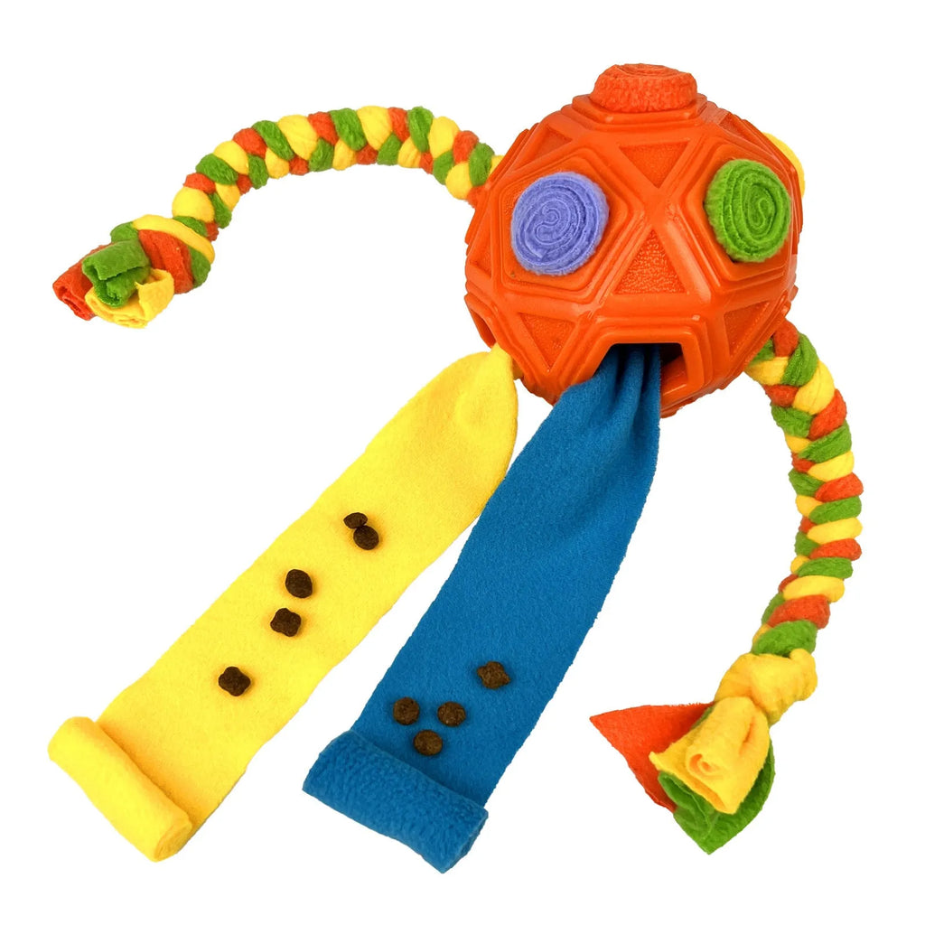 Dog puzzle sniffing ball training toy in multiple colour options on white background