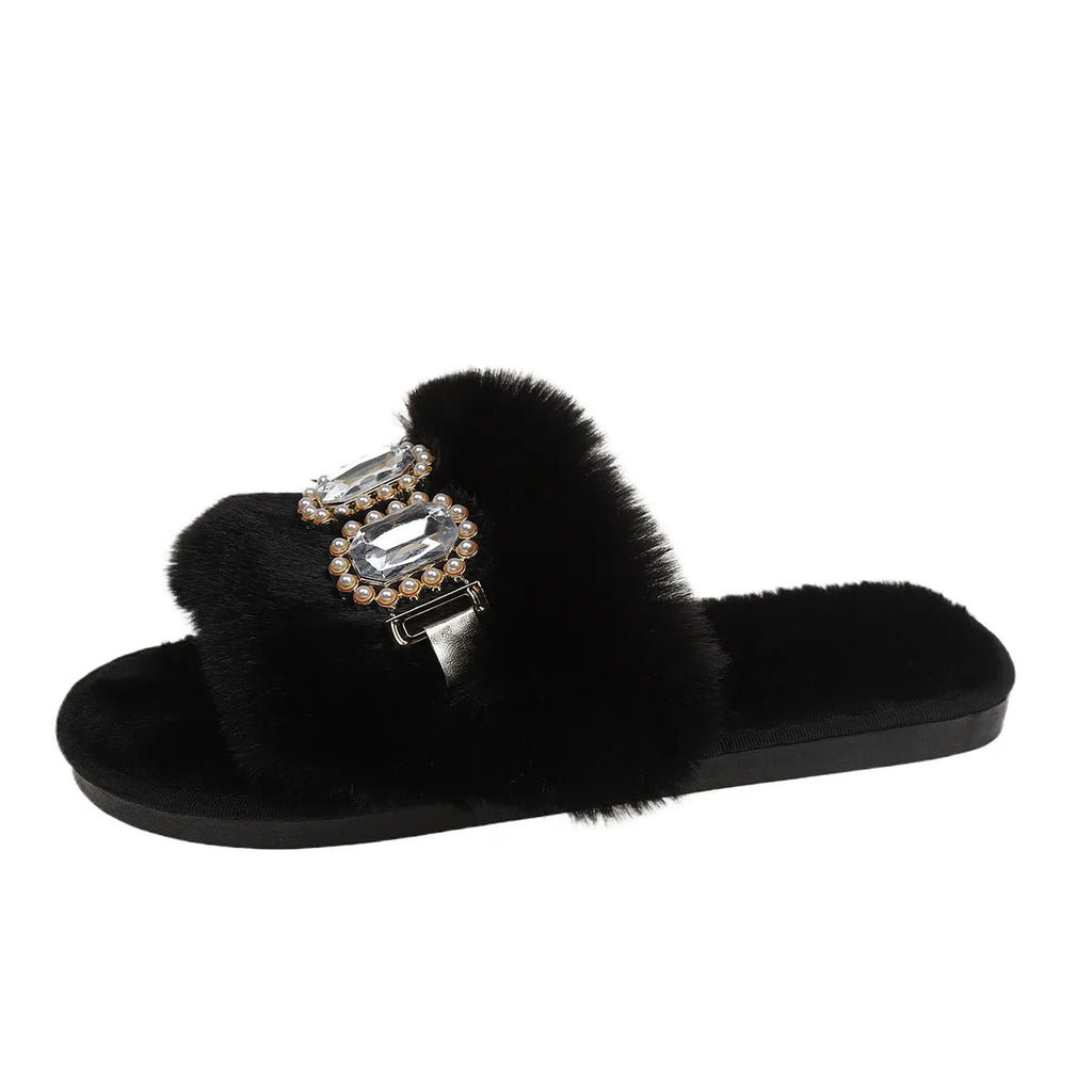 Women's fluffy plush slippers with pearl rhinestone chain, round toe, rubber sole, milky white