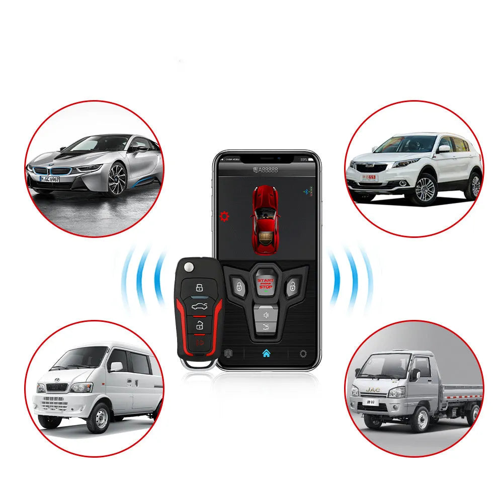 Red and black one-way remote control car alarm unit with two remotes for vehicle security.